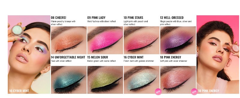Eyeshadow palette showcasing various shimmery shades applied to eyelids, including pink, green, gold, and blue. Close-up shots demonstrate color intensity and application.