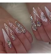 Long Press on Nails Almond Fake Nails Flower False Nails with Glitter Glossy Design Glue on Nails...