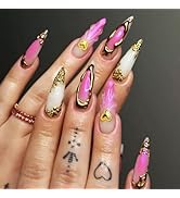 24Pcs Gold French Acrylic Full Cover Fake Nails 3D Curve Line Press on Nails Love Heart Gel Glue ...