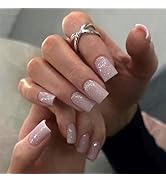 Press on Nails Medium Square Nude pink Fake Nails Silver Glitter Acrylic Press-in Nails Natural S...