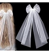 CustomyLife White Bow Veil Bridal Bowknot Clip Tulle Pearl Bachelorette Wedding Hair Piece Party ...
