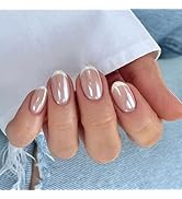 White French Tip Press on Nails Short Fake Nails with Chrome Designs Nude Nails Press ons Glossy ...