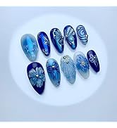 24Pcs Blue Almond Press on Nails Medium Acrylic Fake Nails Press ons Artificial Full Cover False ...