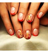 Thanksgiving Press ons Fingernails Glossy Red French Tip Medium Square False Nail 24Pcs Maple Lea...
