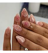 Short Press on Nails Almond Fake Nails with 3D Flower Design Glue on Nails French Tip Gold Circle...