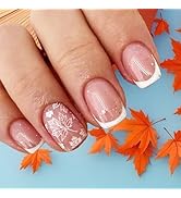 Maple Leaf Press on Nails Thanksgiving Press ons Fingernails 24Pcs Glossy White French Tips Short...