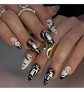 Halloween Medium Press on Nails Almond Fake Nails with Design Black and White Ghost Acrylic Nails...