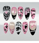30Pcs Halloween Press on Nails Medium Almond Goth Fake Nails Pink Black Full Cover Glue on Nails ...