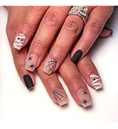 Halloween Press on Nails Square Short Fake Nails with Spider & Mummy Designs Acrylic Nails Press ...