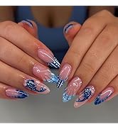 Medium Press on Nails Almond Fake Nails with Design 3D Drip Gel French Tip Glue Blue Shark False ...