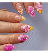 Medium Press on Nails Almond Fake Nails with 3D Flower Pearl Shell Designs Orange French Tip Nail...