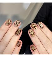 Sparkling Leopard Autumn Press on Nails Short Round Fake Nails Leopard Print False Nails Full Cov...
