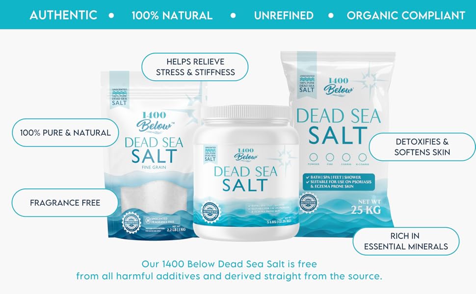1400 BELOW Dead Sea Salt is 100% pure & natural and helps relieve stress and stiffness