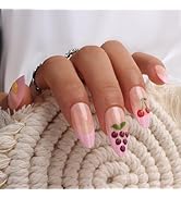 3D Fruit Press On Nails Almond Medium – 24PCS Pink French Tips with Cherry & Grape Design, Cute A...