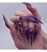 Devil's Claws Press On Nails - 24 Pcs 3D Curve Line Acrylic False Nails, Long Stiletto Glossy Pur...