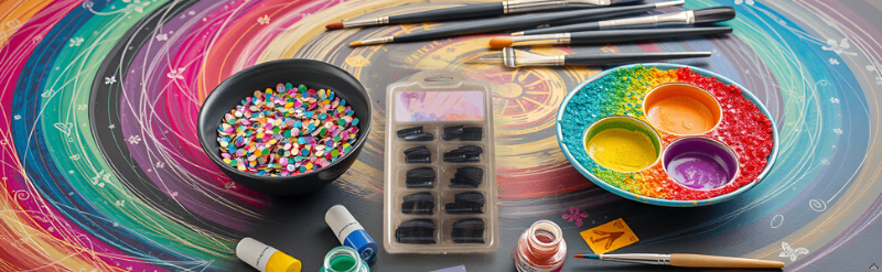 A stylish vanity table with various nail art tools and accessories neatly arranged, showcasing the p