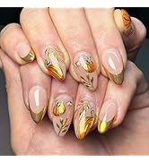 24Pcs Fall Press on Nails Medium Almond Gold French Tip Fake Nails Gold Maple Leaf Pumpkin Star w...