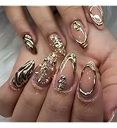 Fall Press on Nails Almond Medium Fake Nails with Rhinestones Lines Glitter Designs Gold Nails Pr...