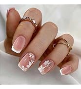 Summer Press On Nails Short Square, Nude Fake Nails with White French Tips Delicately Adorned Whi...