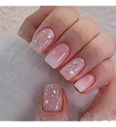 Pink Square Press on Nails Short Acrylic Fake Nails with Rhinestone Pearl Glitter Charm Design Gl...
