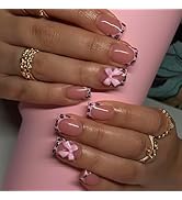 Short Press on Nails Square Fake Nails Leopard French Tip False Nails with Pink Glossy Bow Design...