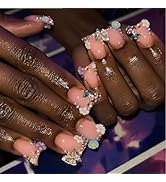 24 Pcs Pink Press on Nails Short Duck Nail Press Ons French Tip Fake Nails with Design Rhinestone...
