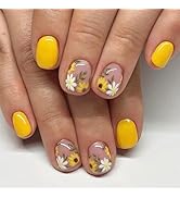 24pcs Sunflower Press On Nails Short Square Flower Fake Nails Spring Summer Yellow Cute Daisies F...