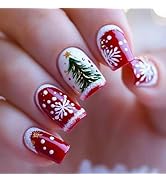 Christmas Press on Nails Red - Medium Square Fake Nails with Christmas Tree Snowflake Design - Wi...