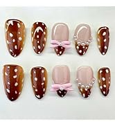24Pcs Cute Fall Press on Nails Short Almond Fake Nails with Pearl Bow White Polka Dots Design Bro...