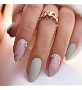 Press on Nails Medium Almond Fake Nails Green False Nails French Tip Acrylic Nails with Gold Line...