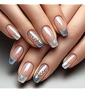 Blue French Tip Press-On Nails Medium Square False Nails with Silver Leaf Glitter Design False Na...