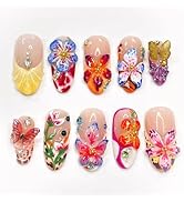 24Pcs Colorful Flower Press on Nails Medium Almond Fake Nails with 3D Handmade Flower Rhinestones...