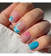 24 Pcs Pink Blue Press on Nails Short Square Fake Nails with Sea Star Designs Acrylic Glue on Nai...