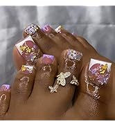 24pcs White French Tip Press on Toenails Short Square Fake Toe Nails with 3D Gold Butterfly Flowe...