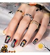 Halloween Press On Nails Short, SHOWMORE Black Goth Fake Nails Medium Witchy Glue On Nails False ...