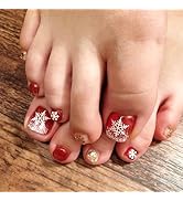 24Pcs Christmas Press on Toenails Short Square Shape Nails New Year Snowflake Fake Toe Nails with...