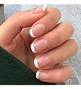 LPOODDNU White French Tip Press on Nails Short Square Fake Nails Glossy Pink Nails Full Cover Glu...