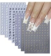 8 Sheets Retro English Letters Nail Stickers for Nail Art 3D Self-Adhesive Black White Gold Silve...