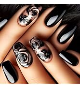 Rose Flower Press on Nails for DIY Manicure 24Pcs Glossy Black Rose Acrylic Medium Coffin False N...