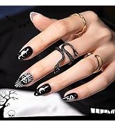 Halloween Press On Nails Short Almond, SHOWMORE Black Goth Fake Nails Medium Snake Stars Moon Wit...