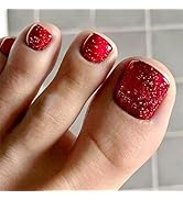 Red Press on Toenails Short Square Fake Toe Nails Red Glitter False Nails with Glossy Solid Acryl...