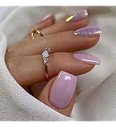 Press on Nails Short Square Fake Nails Light Purple False Nails with Glitter Designs Summer Acryl...