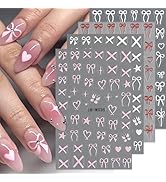 Bow Nail Art Stickers Heart Nail Decals Pink White Red Bows Heart Stars Nail Design Stickers for ...