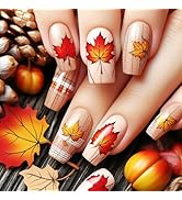 Maple Leaf Gel Glue on Acrylic Fake Nails 24Pcs Fall Leaves Press on Nails Thanksgiving Press ons...