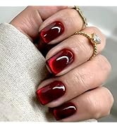 Burgundy Press on Nails Medium Short Fake Nails Solid Color Glue on Nails Red Full Cover Artifici...