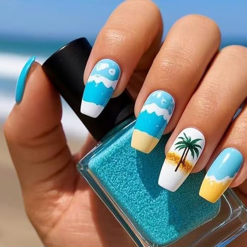 Summer Coffin Press on Nails Medium Length Fake Nails with Design Beach Casual Artificial False Nails Acrylic Nails Press Ons Nails Full Cover Glue on Nails Stick on Nails for Women 24 Pcs