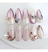 French Tip Press on Nails Almond Medium Fake Nails 3D Bow Pearl Glue on Nails Summer Nails Press ...