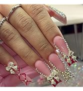 24 Pcs Coffin Press on Nails Long Red French Tip Fake Nails with 3D Gold Bow Glitter Colorful Rhi...