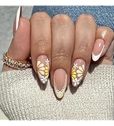 LPOODDNU Summer French Tip Press on Nails Medium Almond Fake Nails with Yellow White Flower Desig...