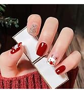24Pcs Christmas Press On Nails Short Square Fake Nails Red False Nails with Xmas Elk Snowflake Ac...